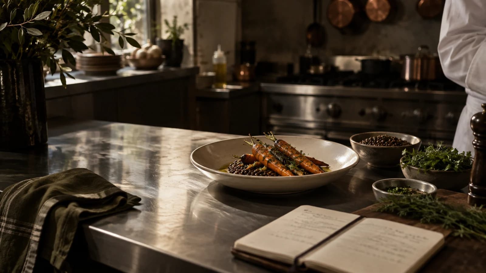 Concept photograph of a kitchen notebook beside a prepared dish