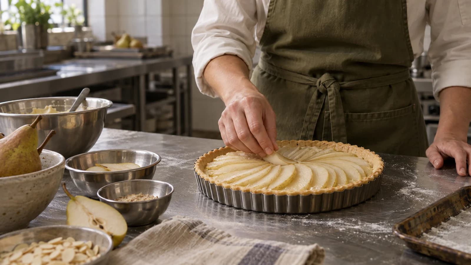 Illustrative photograph of pastry preparation at a kitchen bench