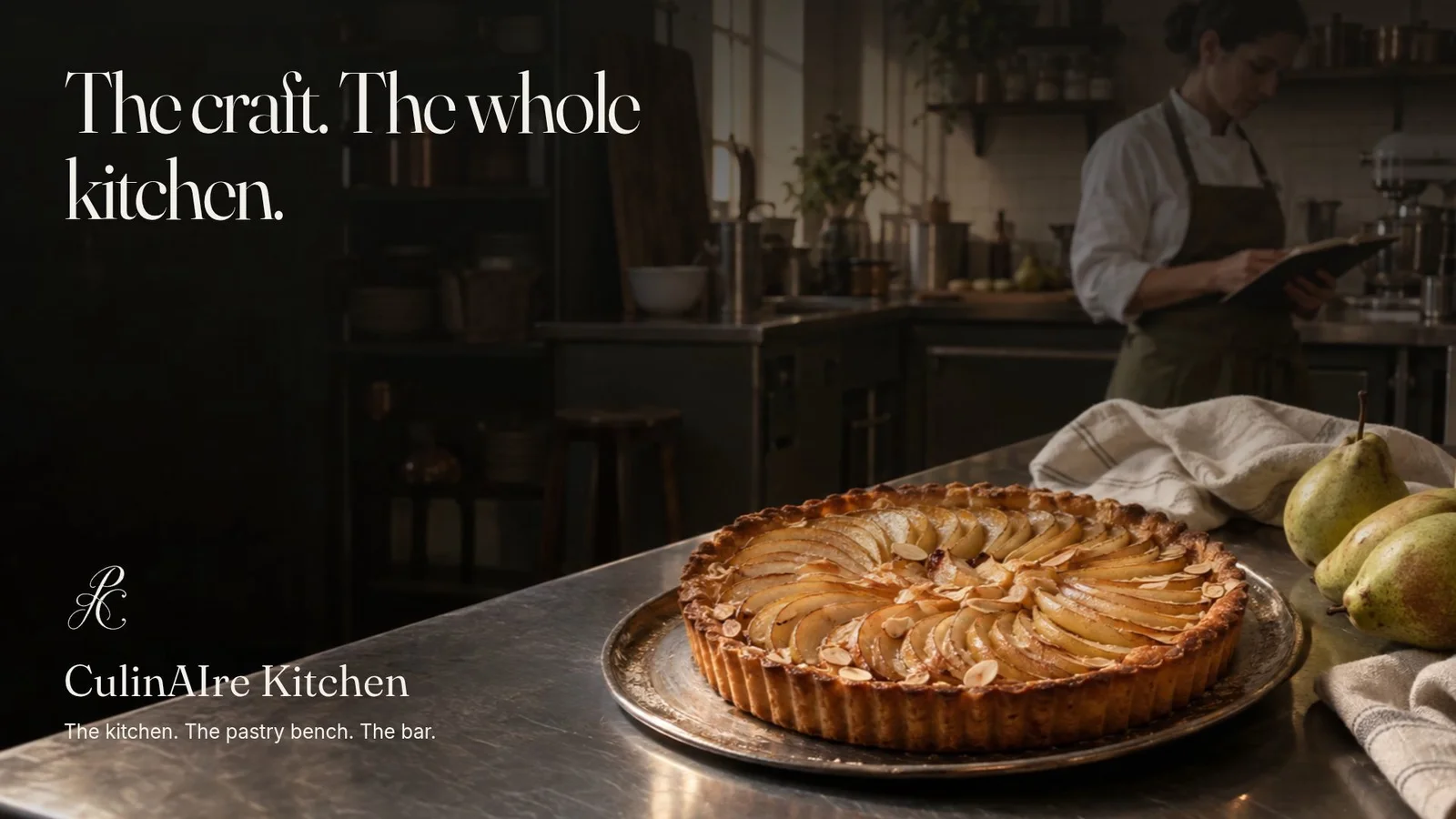A pear tart on the kitchen bench, with a chef reviewing the day ahead.